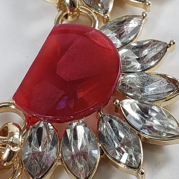 Gold Tone Floral Statement Necklace – Red Gem Glamorous & Dazzling Crystal 18" - Picture 8 of 10